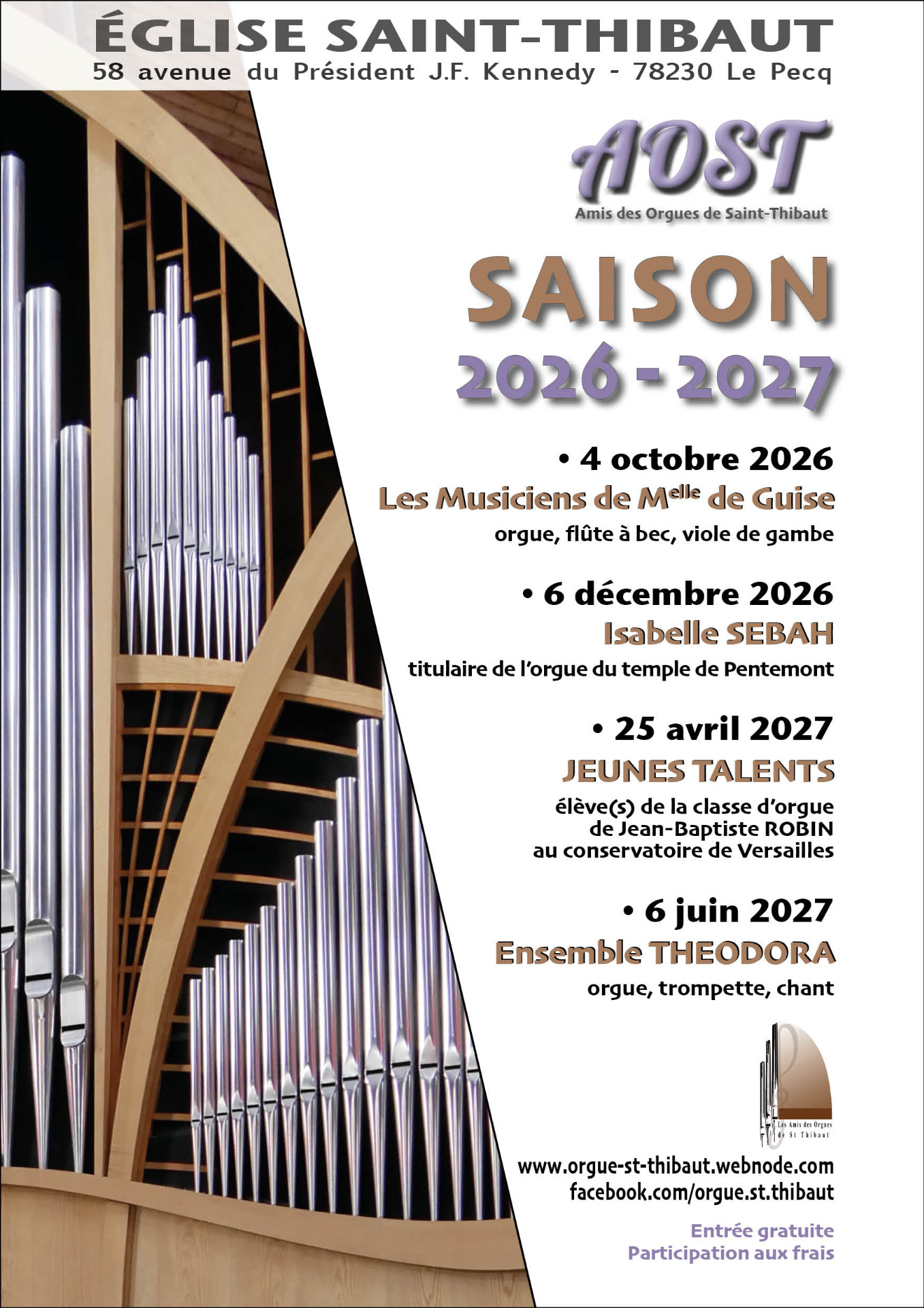 Affiche d’événements d’orgue AOST, dates de concerts de la « Saison 2026-2027 ».
